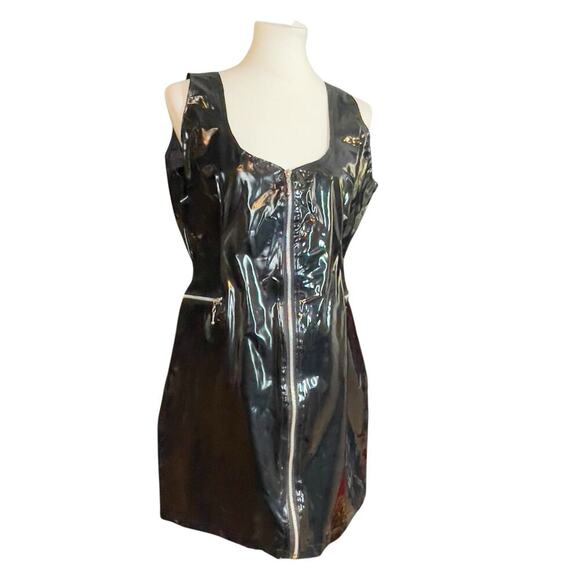 Vintage 90s Vinyl PVC Wet Look Goth Zip Front Black Mini Dress Size 16 NWT - Picture 1 of 15